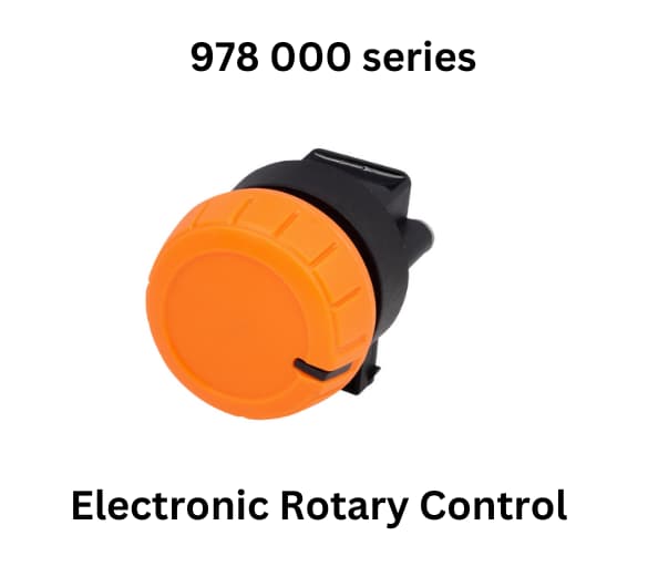  Electronic rotary control button in black and orange, featuring the text Electronic Rotary Control by MCS ( Mobile Control System SA )